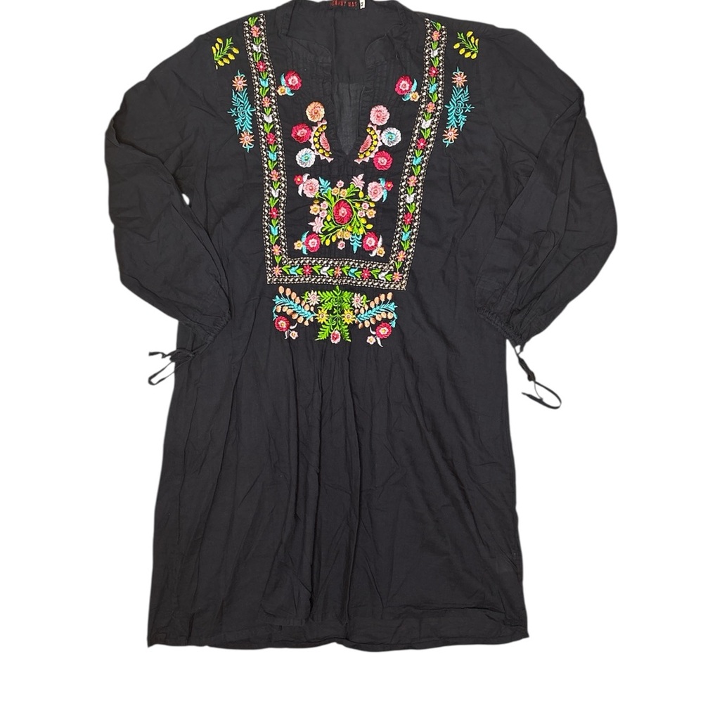 Johnny Was Black Midi Knee Length Lightweight Colorful Embroidered Summer Dress